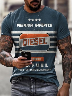 Round neck slim fit English letter printed short sleeved shirt