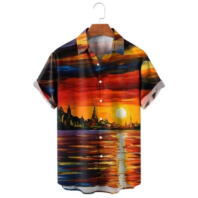 Men's Casual Oil Painting Print Short Sleeve Shirt 81352111M