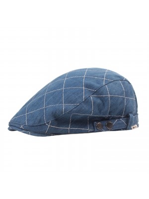 Men Denim Plaid Pattern Sunshade Short Brim Casual Vintage Forward Hats Beret Flat Caps