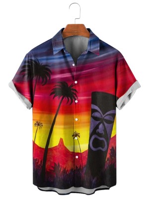 Men's Hawaiian Tiki Art Sunset Short Sleeve Shirt