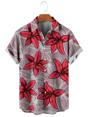 Big Lily Print Casual Short Sleeve Shirt